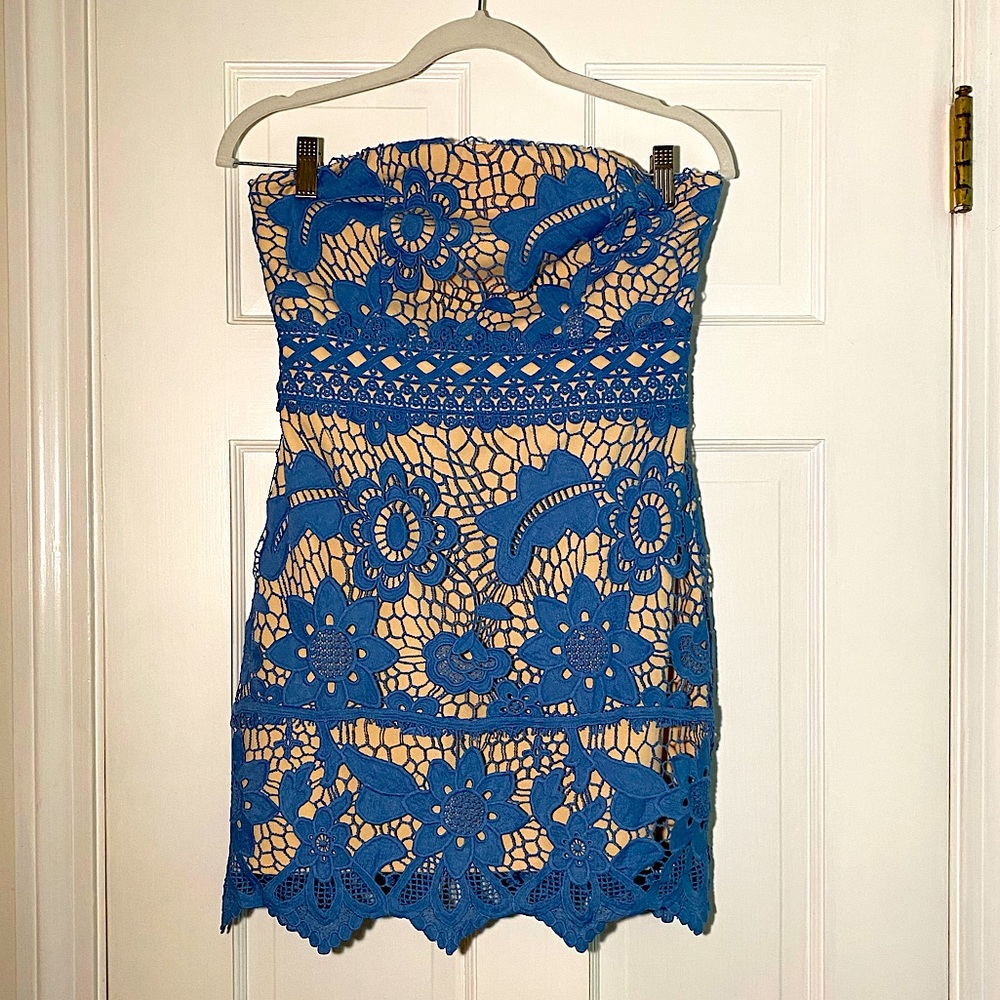 Endless Rose—-Blue Lace Strapless Dress